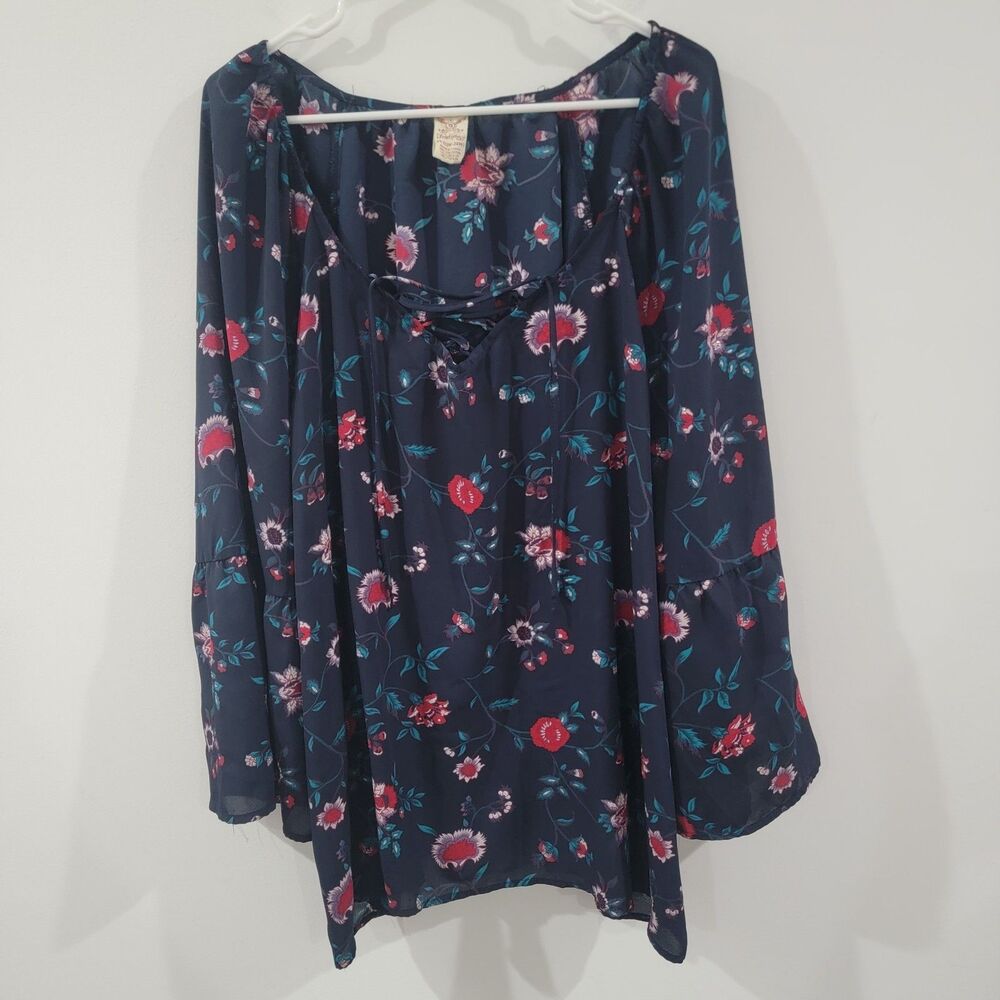Faded Glory Womens Top Size 3X Floral Blue Peasant Boho